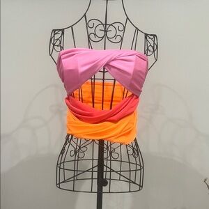 Micas Colorblock Ruched Bandeau Top — Pink & Orange Strapless Crop Size M
